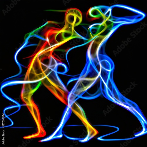 Concept illustration of two people represented as energy walking or dancing with each other. Generative AI