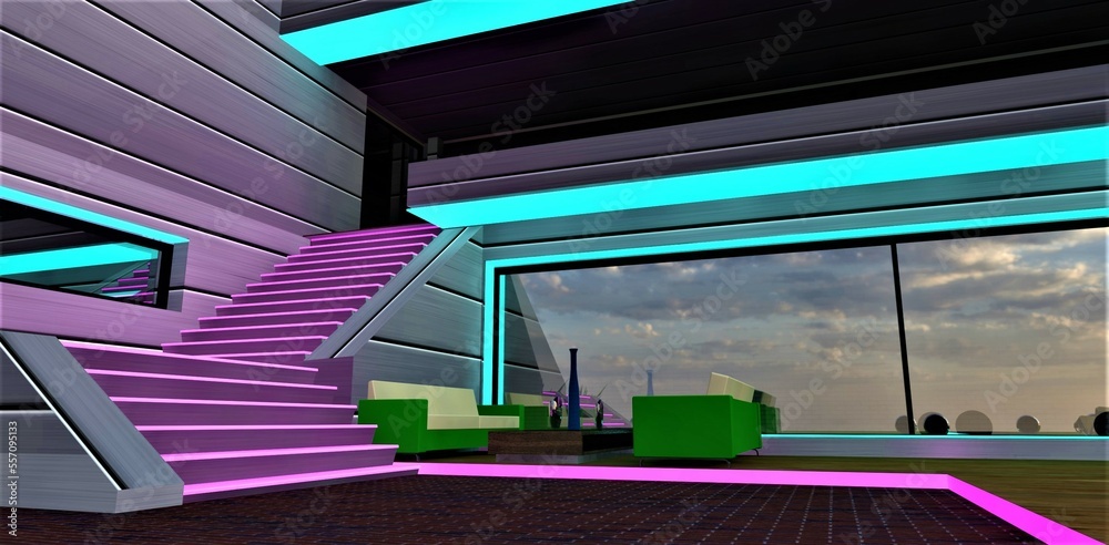 Multi-colored illumination of a recreation area in the courtyard of a private residence. Green sofas and a pink staircase. 3d rendering. Multi-colored illumination of a recreation area in the courtyard of a private residence. Green sofas and a pink staircase. 3d rendering.