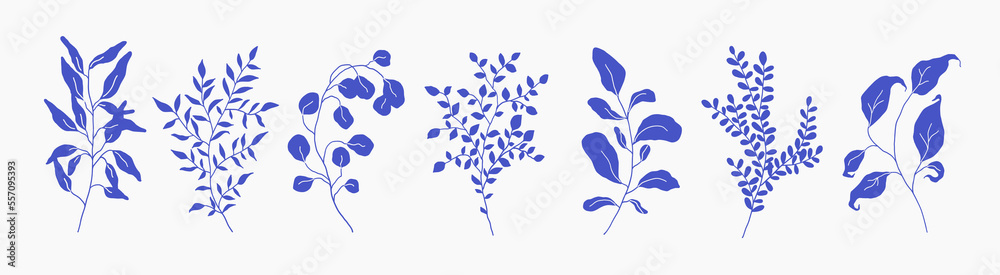 Set of greenery silhouette floral branch, leaf, plants. Botanic delicate blue foliage leaves. Hand drawn vector illustration