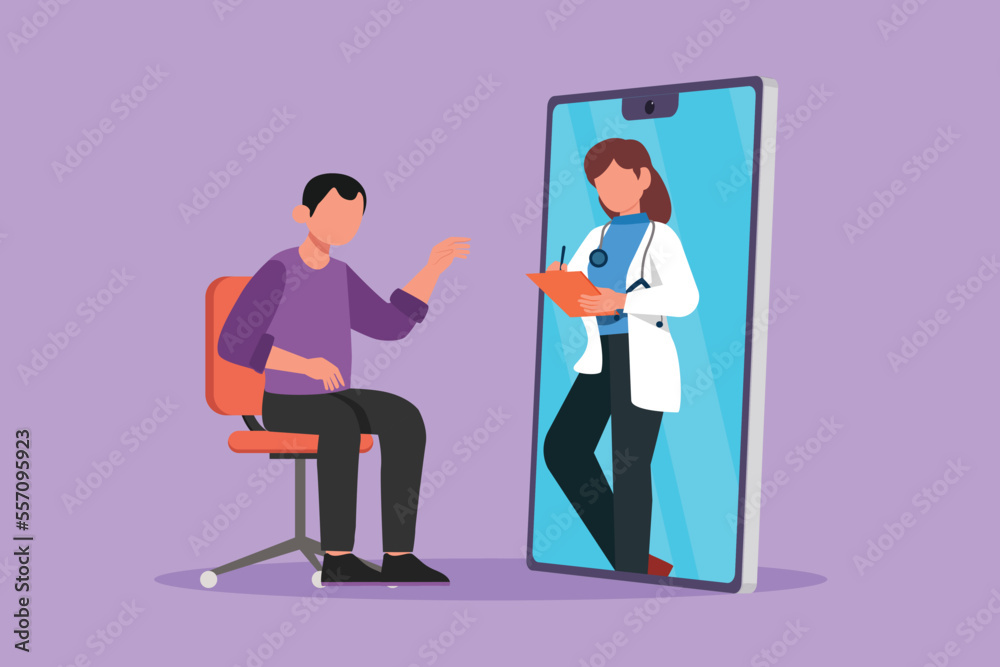 Obraz premium Character flat drawing beauty female doctor comes out of smartphone screen, holding clipboard, checking condition of male patient sitting on chair. Online medical. Cartoon design vector illustration