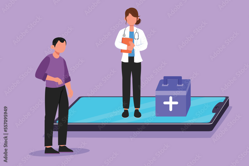 Obraz premium Graphic flat design drawing female doctor standing on big smartphone screen and talking with male patient. Digital Online medical healthcare service and consultation. Cartoon style vector illustration