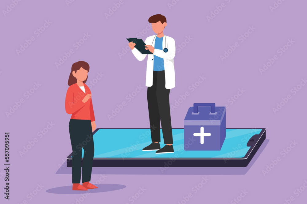 Cartoon flat style drawing male doctor standing on big smartphone screen and talking with female patient. Digital online medical healthcare service and consultation. Graphic design vector illustration Cartoon flat style drawing male doctor standing on big smartphone screen and talking with female patient. Digital online medical healthcare service and consultation. Graphic design vector illustration
