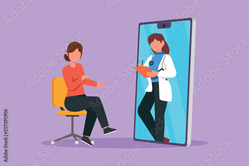 Graphic flat design drawing female doctor comes out of smartphone holding clipboard and checking condition of female patient sitting on chair. Online medical concept. Cartoon style vector illustration