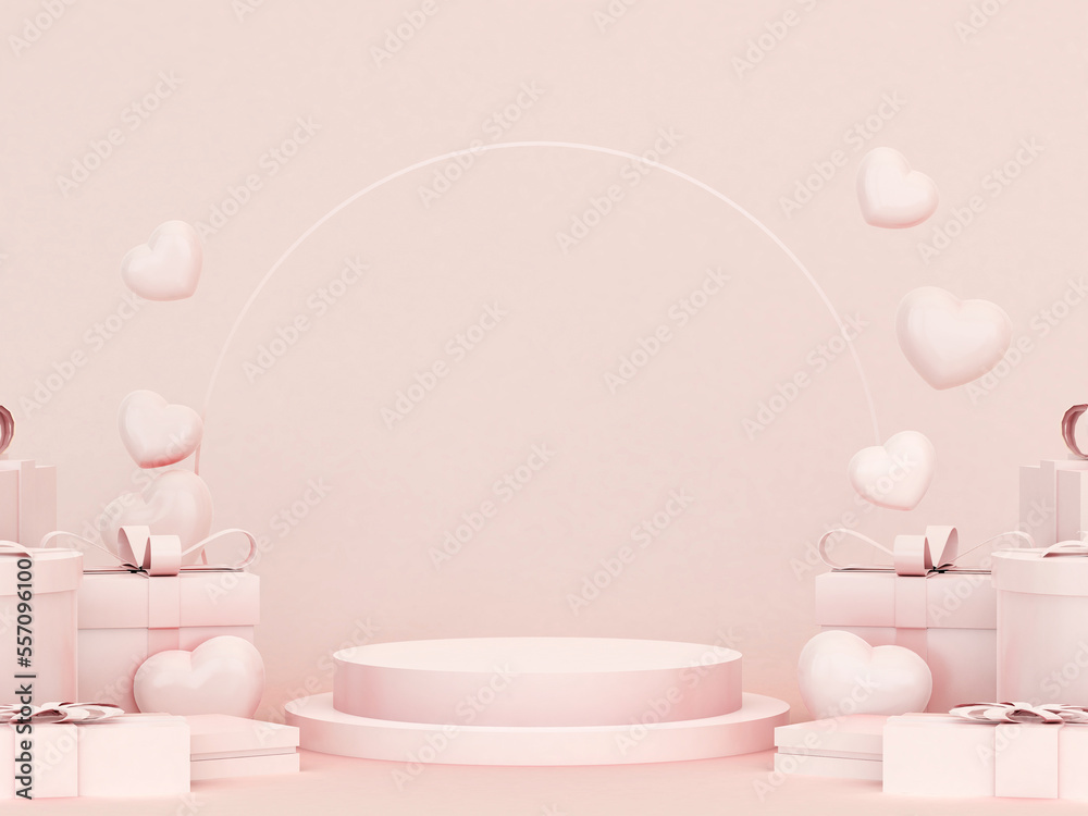 Valentines Day podium abstract. scene with Valentines object and pink background, red, pink heart product display, luxury 3d render. stand for Valentines gift, showcase, cosmetic, podium product.