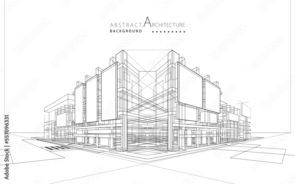 3D illustration Outline drawings of abstract modern urban buildings and architecture.