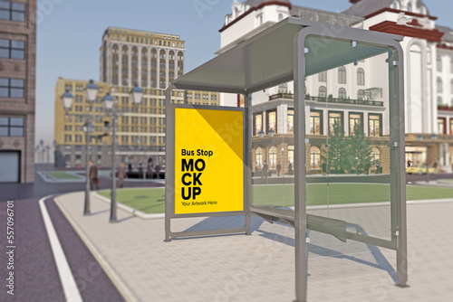 Bus Stop Billboard Bus Shelter Sinage Mockup 3d rendering