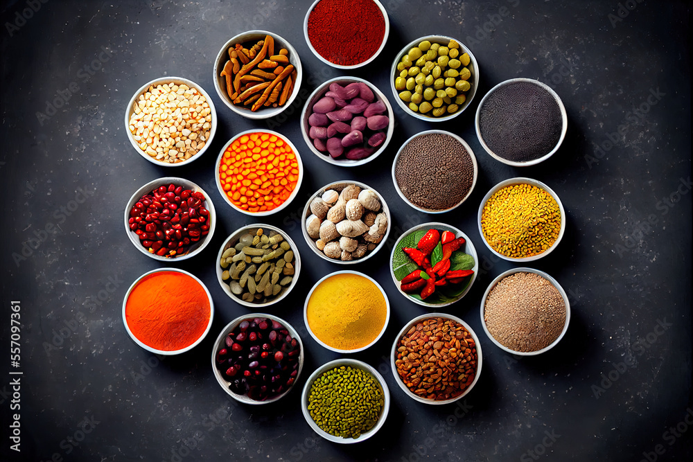 Superfoods and cereals selection in bowls Superfoods and cereals selection in bowls