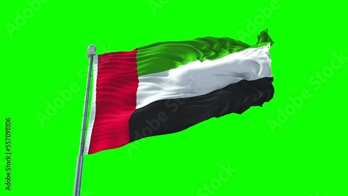 United Arab Emirates or UAE Flag Green Screen flagstaff. Slow motion seamless loop. Green Key Video.