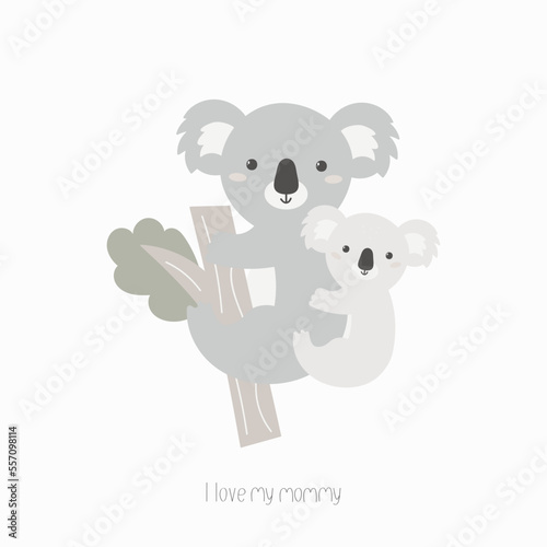 A hand drawn poster with a koala mom and a baby in a bohemian style. Cartoon koala on a tree branch. Funny vector illustration with animals with the lettering I love my mommy in Boho style. Wall art.