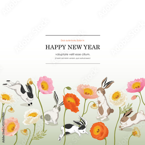 Vector illustration of rabbits with puppy flowers. The year of the rabbit. New Year's Illustration. Design for greeting card, poster, brochure, web design and print project	