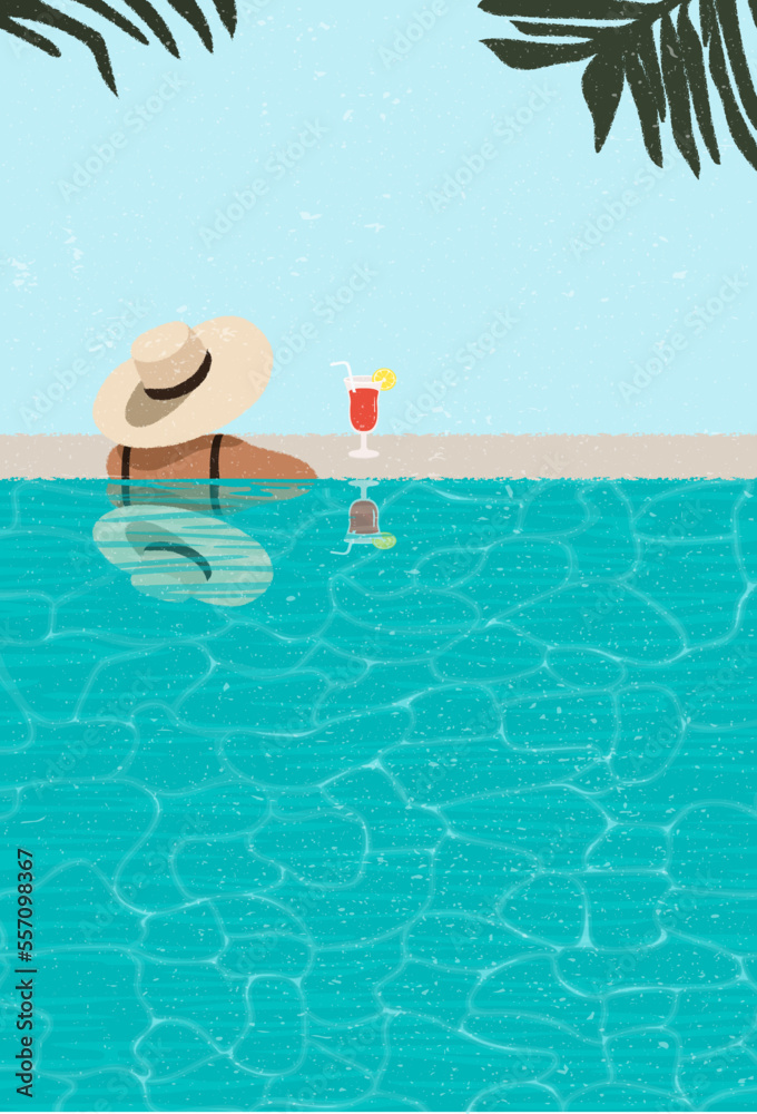 A woman is relaxing in the pool, In a luxurious beachfront hotel, Enjoying the perfect beach holiday. Girl in summer on vacation swims sunbathes and drinks juice by the pool. Flat vector illustration.