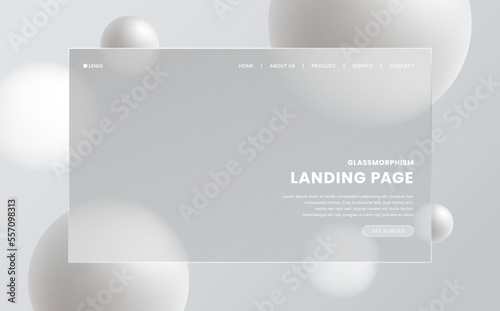 3d Landing page template in glassmorphism style. Horizontal Website screen with glass overlay effect isolated on abstract background. Transparent rectangular glass plate. Trendy vector illustration.