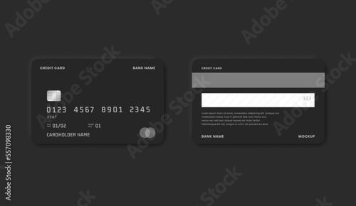 Set of Credit Cards mockup. Realistic detailed credit card set. Front and back side template. Money, payment symbol, Presentation, White. Vector illustration.