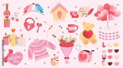 Romantic collage for Valentine's Day on light pink background