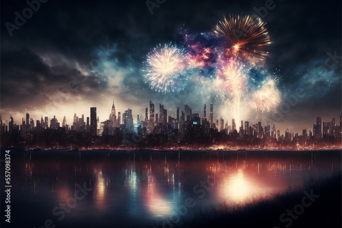 illustration of new years celebration fireworks over city skyline