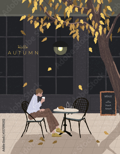 Hello Autumn. Street cafe table. Man on the chair. Coffee and bread. Falling leaves foliage. Fall branch. Invitation, Print, Postcard, Poster, Banner template. Simple style, Flat vector illustration.
