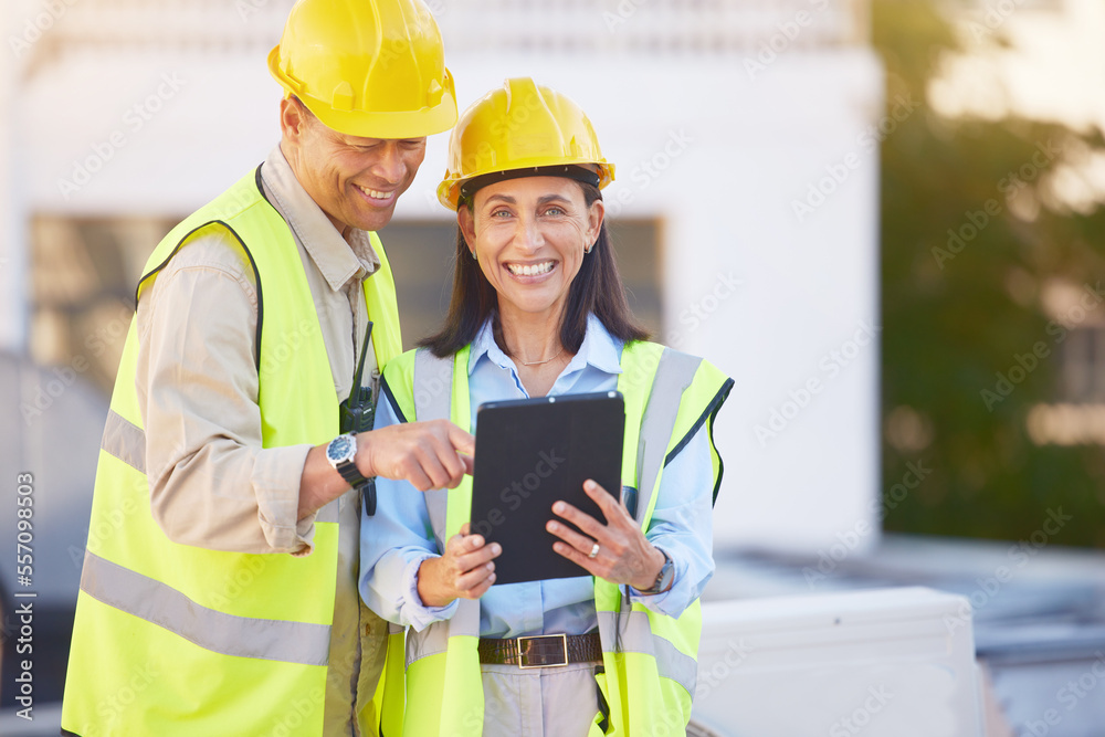 Engineer, man and woman with tablet for online research, schedule for building project and maintenance. Digital, people talking and construction worker with innovation, search internet and inspection Engineer, man and woman with tablet for online research, schedule for building project and maintenance. Digital, people talking and construction worker with innovation, search internet and inspection