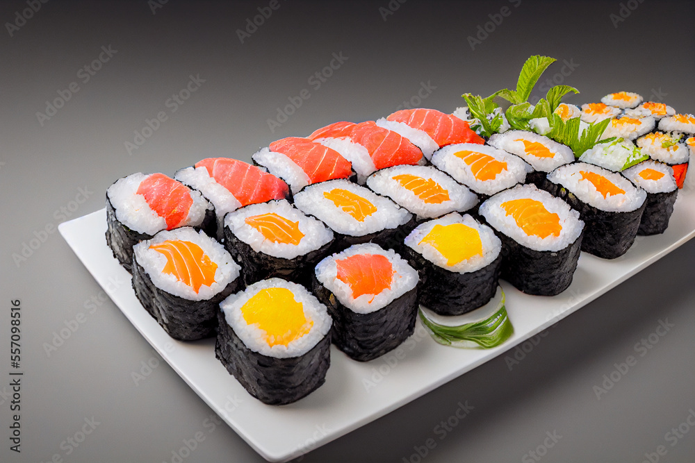 Maki and nigiri sushi. Top view. Maki and nigiri sushi. Top view.