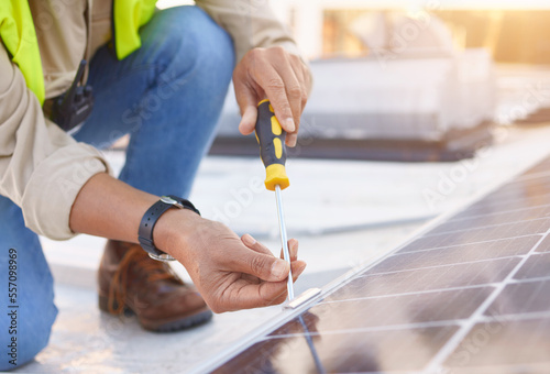 Engineer, man or solar panels for clean energy, maintenance for building or sustainability. Male technician, electrician or installation for alternative power, agriculture innovation or eco friendly