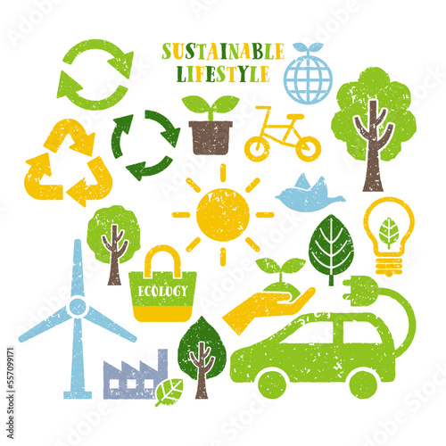 Rough textured eco icon set, images of sustainable lifestyle