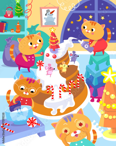 Fototapeta Naklejka Na Ścianę i Meble -  Cute kittens making Christmas cake with mice. Cartoon characters cats in uniform. Funny New Year scene with animals for workbooks, cards, books. Color vector illustration. 