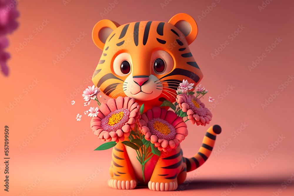 Cute tiger cub on a pink background with flowers Cute tiger cub on a pink background with flowers