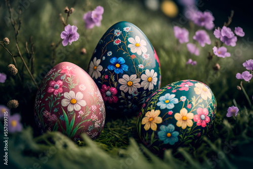 Postcard with easter decoration and painted colorful easter eggs in beautiful nature landscape