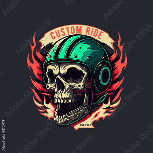 skull in the retro biker helmet vintage motor custom Motorcycle Rider style