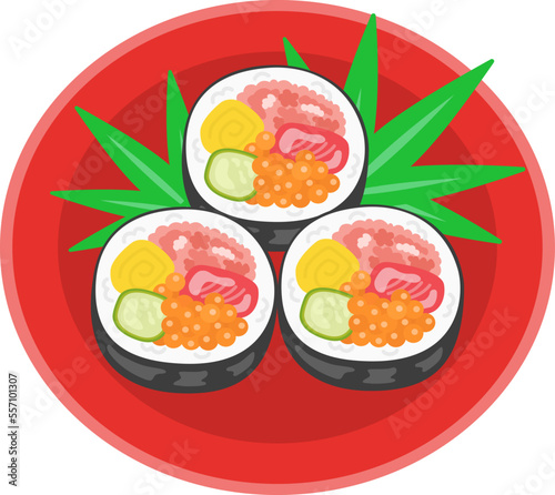 皿に盛り付けられた、恵方巻きのイラスト