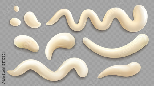 Drips of mayonnaise, cheese sauce or vanilla cream isolated on transparent background. Stains, drops and blobs of mayo sauce, yoghurt or cosmetic mousse, vector realistic set photo