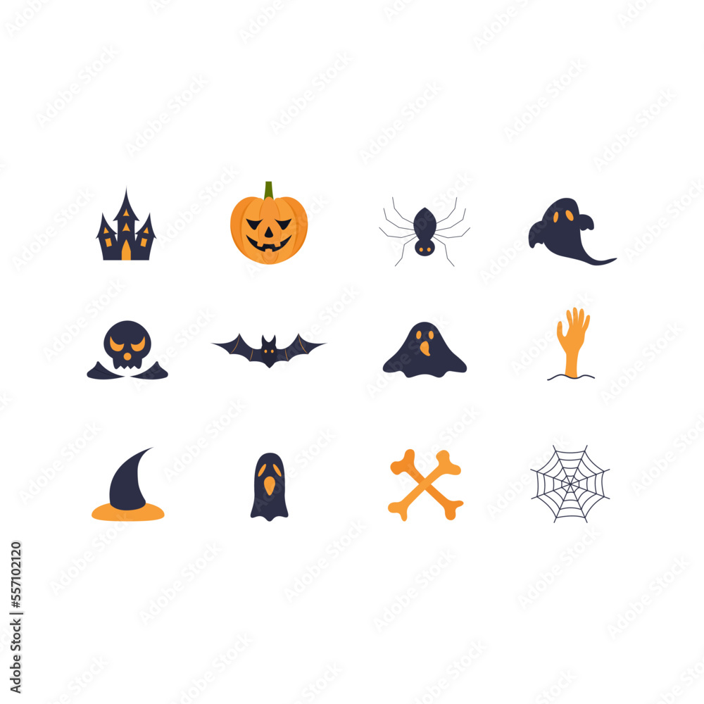 Naklejka premium Halloween icon set in flat style. Halloween icon set isolated on white background. Perfect for coloring book, textiles, icon, web, painting, books, t-shirt print.