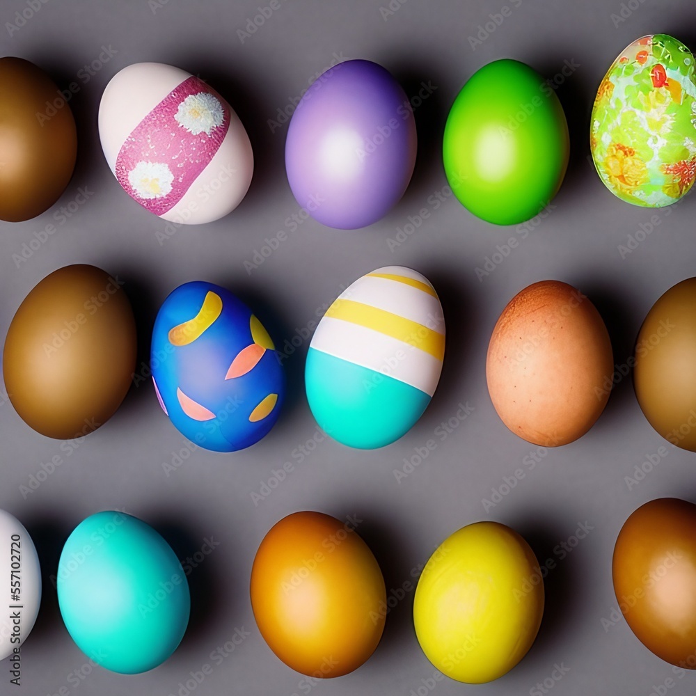 Background of colorful easter eggs on grey background. Generative AI Background of colorful easter eggs on grey background. Generative AI