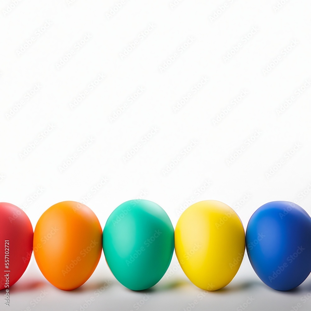 A row of colorful easter eggs on white background with copyspace. Generative AI A row of colorful easter eggs on white background with copyspace. Generative AI