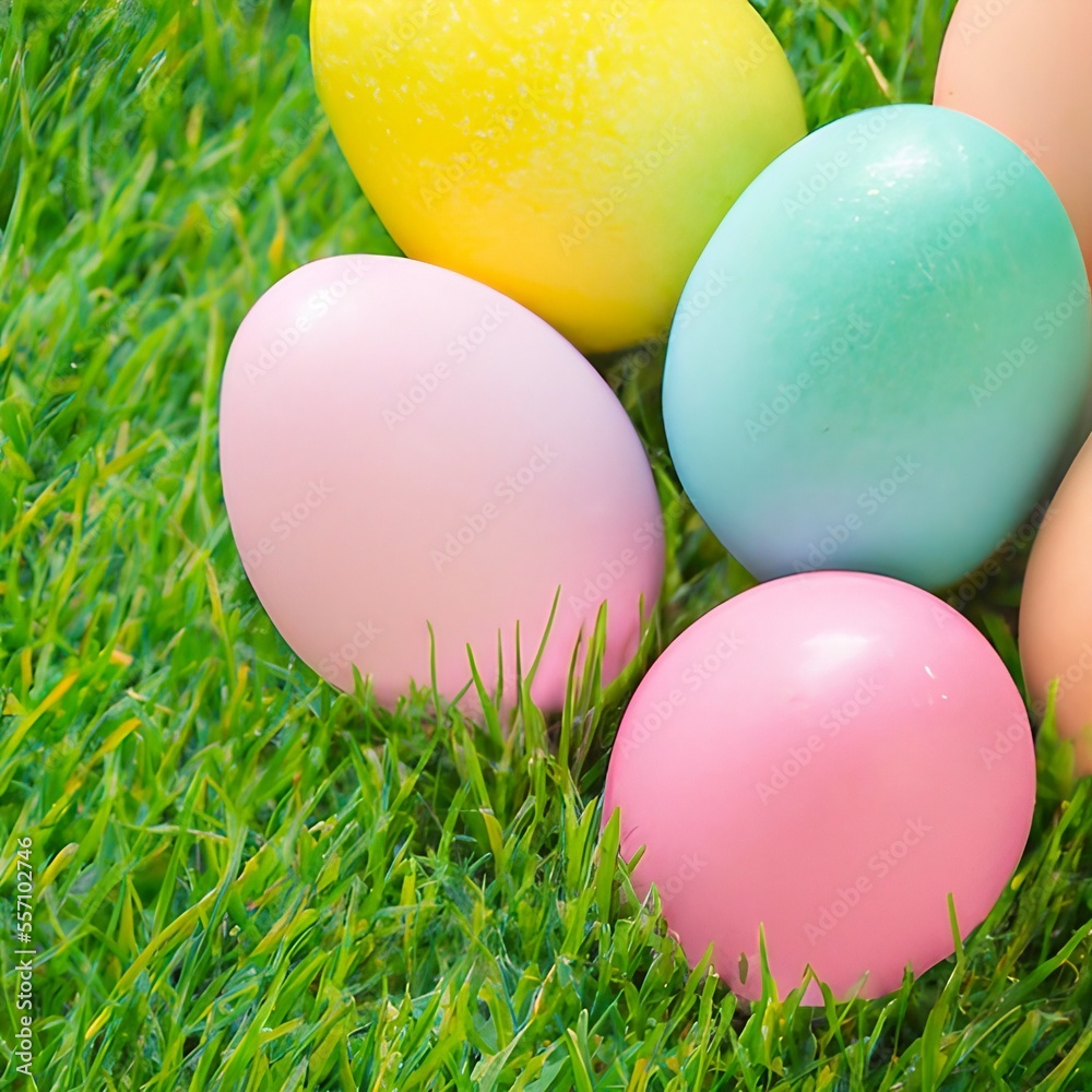 Colorful easter eggs on green grass. Generative AI