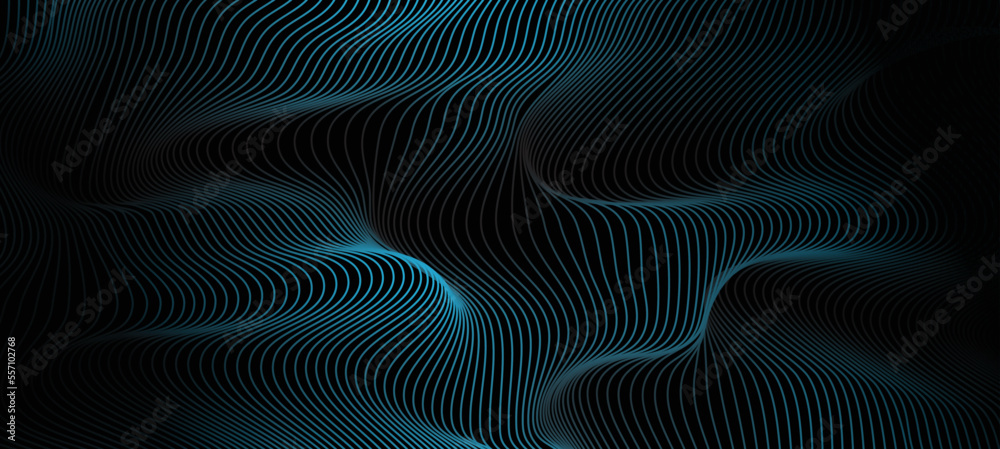 Abstract dotted wave line particles of bright blue design element on dark black background. Modern technology futuristic concept. Vector illustration