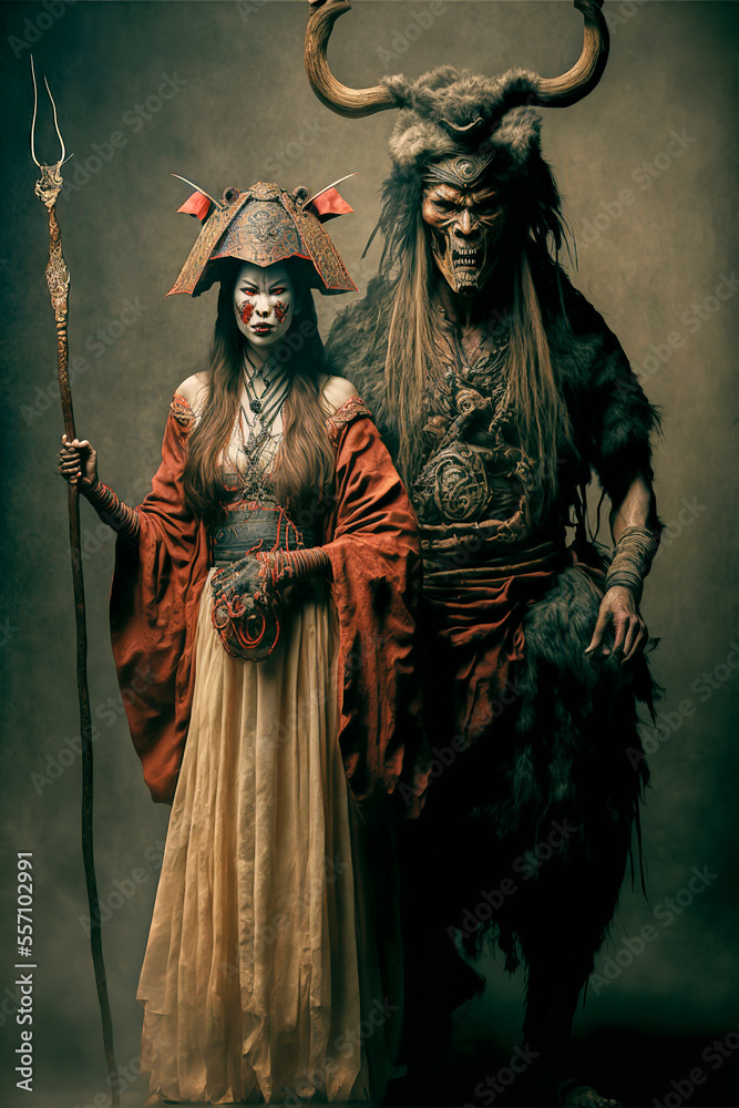 Person in the night .K-drama Shaman, Witch Couple in Studio Shot wearing traditional witch costumes. Stunning clarity and objectivity. Mysterious figures from Korea. Historical costumes.