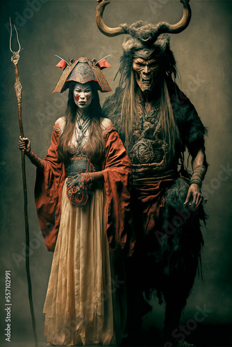 Person in the night .K-drama Shaman, Witch Couple in Studio Shot wearing traditional witch costumes. Stunning clarity and objectivity. Mysterious figures from Korea. Historical costumes.