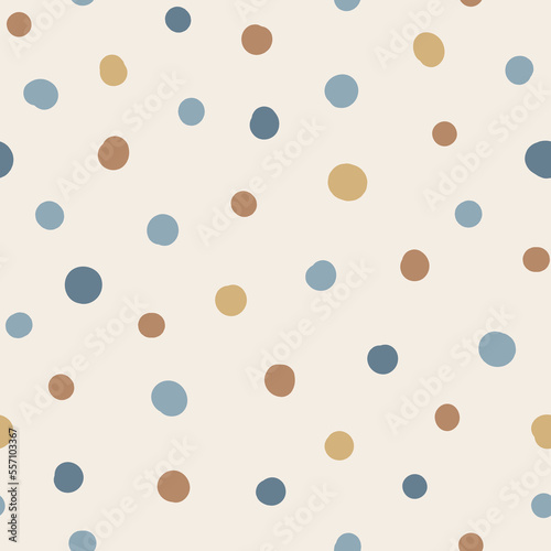 Cute hand drawn seamless pattern with Colorful Polka Dots. Abstract Multicolored doodle shapes on white background. Design for background, wallpaper, wrapping, fabric, and more