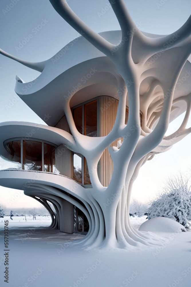 super modern all white tree house generative AI