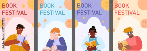 Vector illustration set for book festival. Variety of people who enjoy reading. Multicultural diversity characters in flat cartoon style