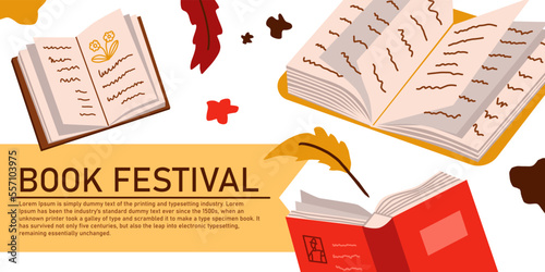 Banner for book festival. A variety of books, pens and drops of ink are depicted in the background. Vector illustration in flat cartoon about reading