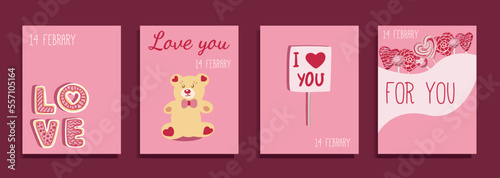 Valentine s day concept posters set. Vector illustration. Flat red and pink paper hearts with frame on geometric background. Cute love sale banners or greeting cards.