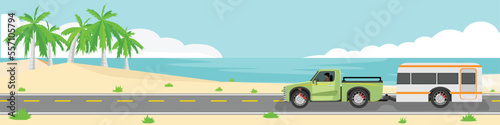 Landscape view of travels of truck  car with motor home for banner. Asphalt road near the sae beach with small grass and coconut trees under clear sky. Copy Space Flat Vector.