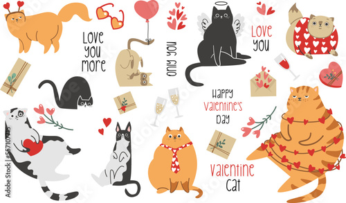 Fototapeta Naklejka Na Ścianę i Meble -  Cute vector set for Valentine's Day. Funny cats with hearts and funny clothes. Holiday inscriptions for Valentine's Day 