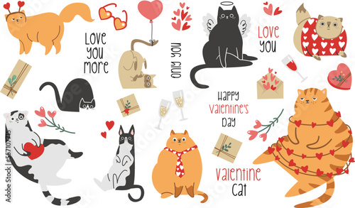Cute vector set for Valentine's Day. Funny cats with hearts and funny clothes. Holiday inscriptions for Valentine's Day 