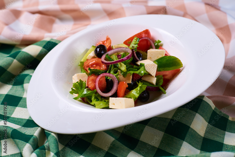 greek salad, cheese, tomatoes, cucumbers, olives