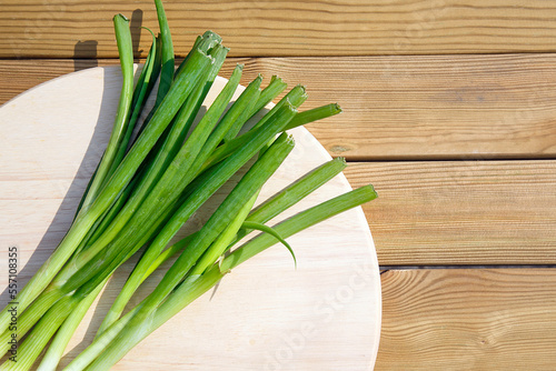 Spring onions flat lay on a plate. Also known as Scallions are vegetables drivied from the genus Allium. Milder to the taste than onions or garlic.