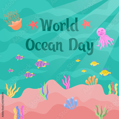 The 8th of June is World Ocean Day  Save our oceans  flat illustration of a fish swimming underwater with beautiful coral and seaweed
