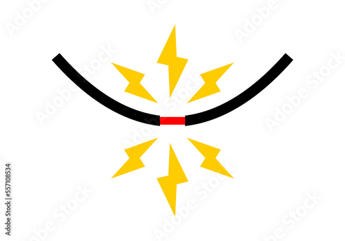 Damaged broken short circuit overload electrical electric wire with sparks on white background flat vector.