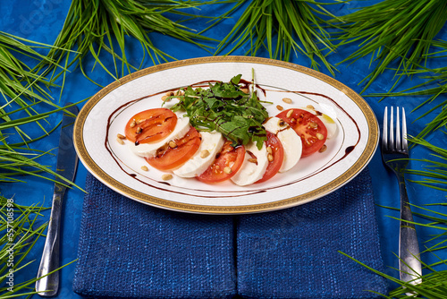 caprese salad, tomatoes, cheese, dandelion leaves on a blue background